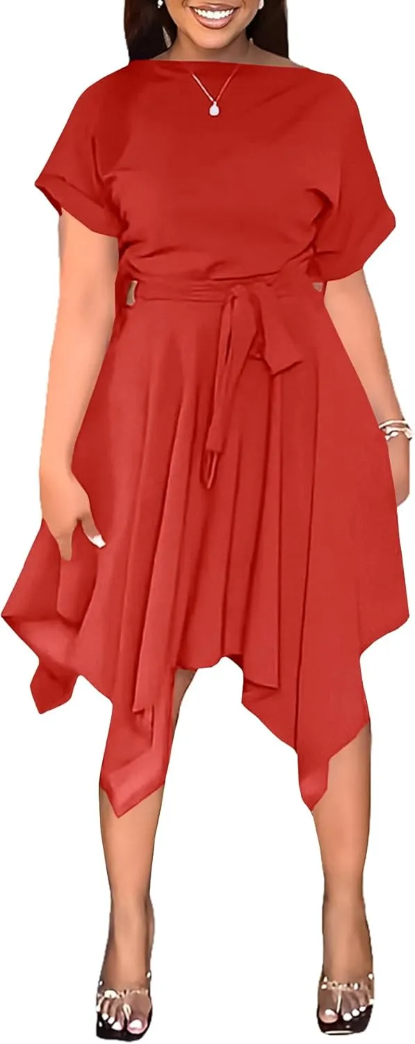 Umenlele Women’s Casual Short Sleeve Tie Waist Asymmetric Hem Swing Summer A Line Midi Dress