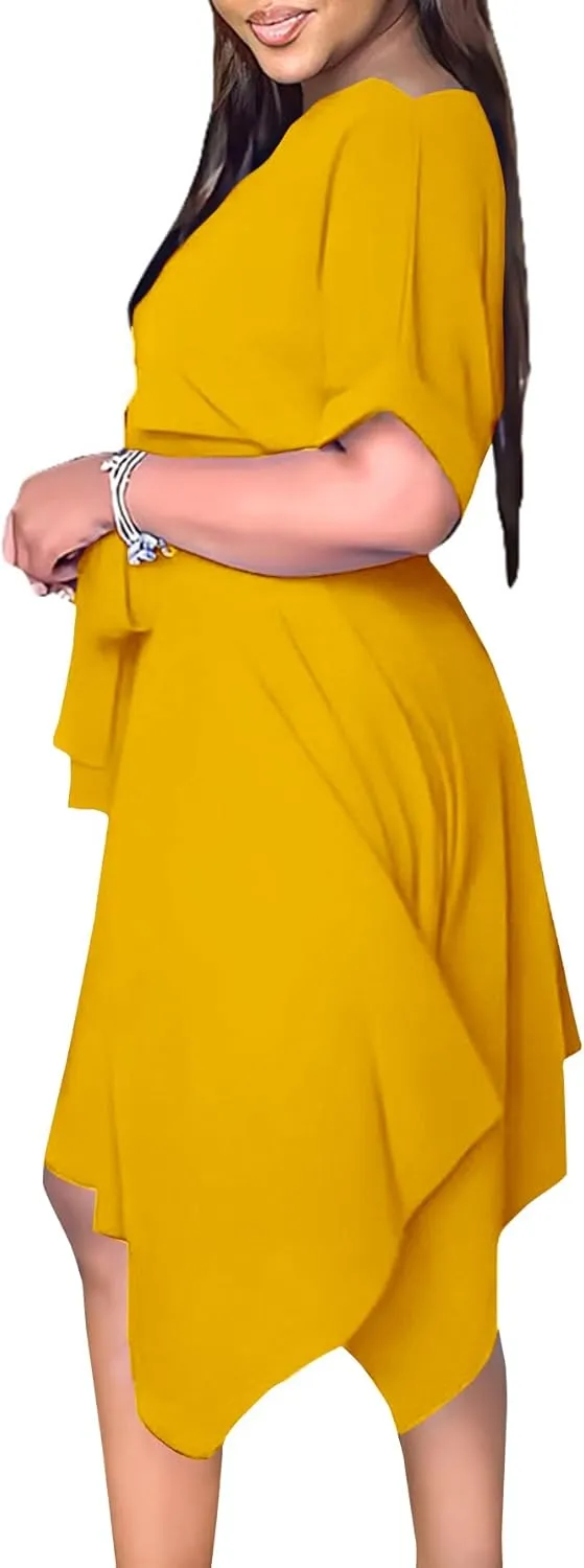 Umenlele Women’s Casual Short Sleeve Tie Waist Asymmetric Hem Swing Summer A Line Midi Dress