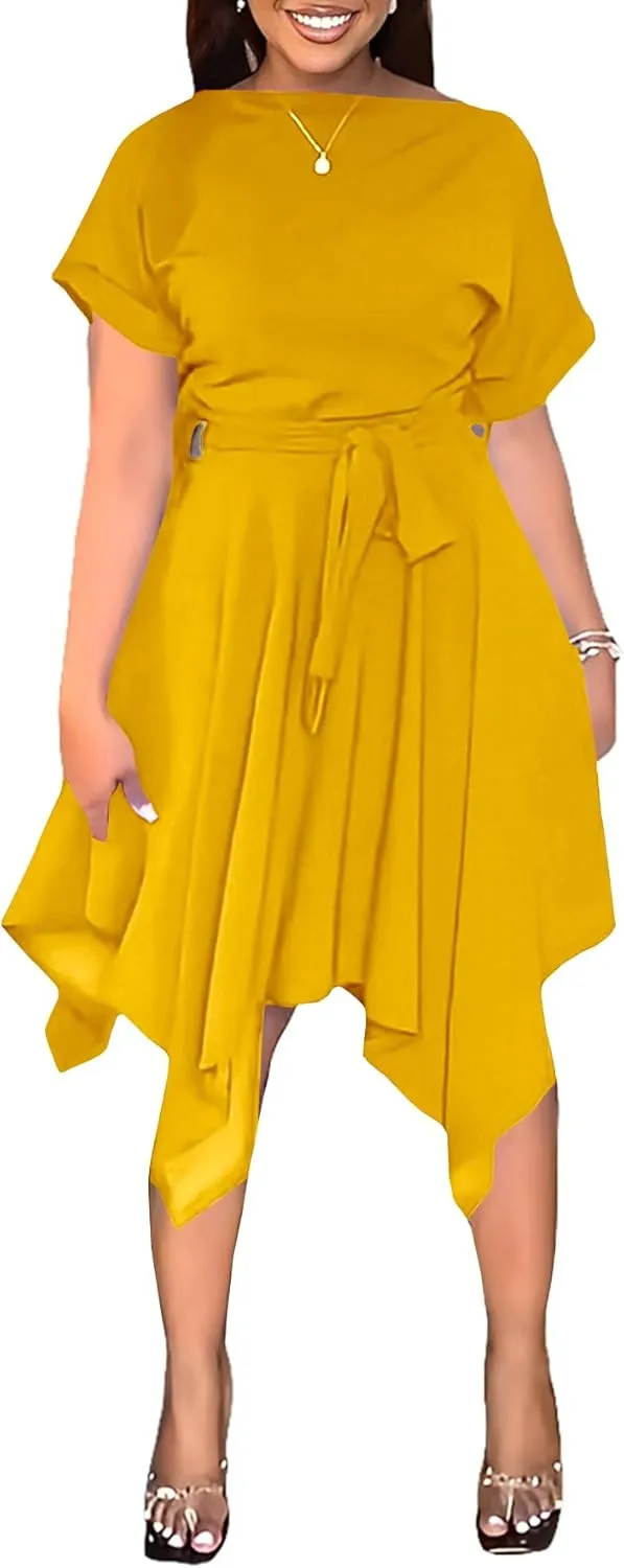 Umenlele Women’s Casual Short Sleeve Tie Waist Asymmetric Hem Swing Summer A Line Midi Dress