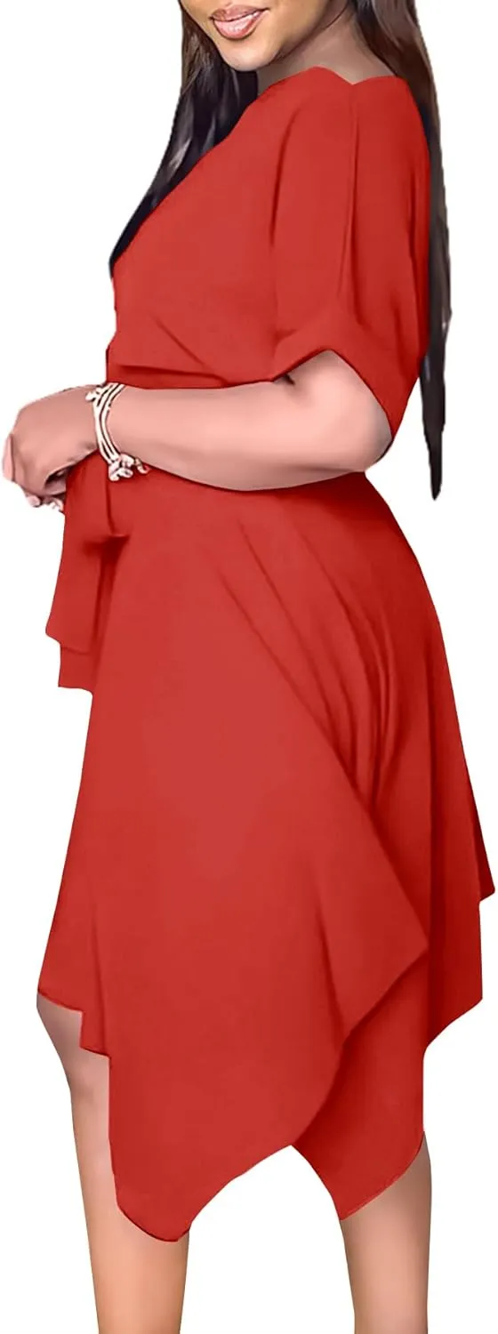 Umenlele Women’s Casual Short Sleeve Tie Waist Asymmetric Hem Swing Summer A Line Midi Dress