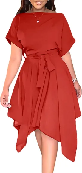 Umenlele Women’s Casual Short Sleeve Tie Waist Asymmetric Hem Swing Summer A Line Midi Dress
