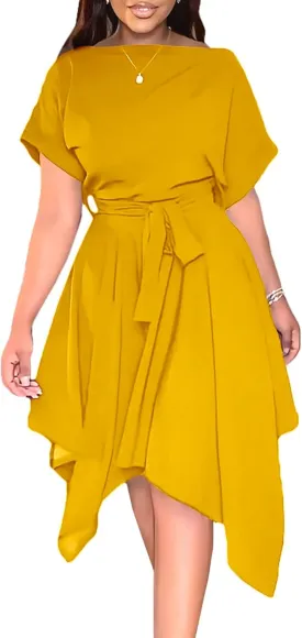 Umenlele Women’s Casual Short Sleeve Tie Waist Asymmetric Hem Swing Summer A Line Midi Dress
