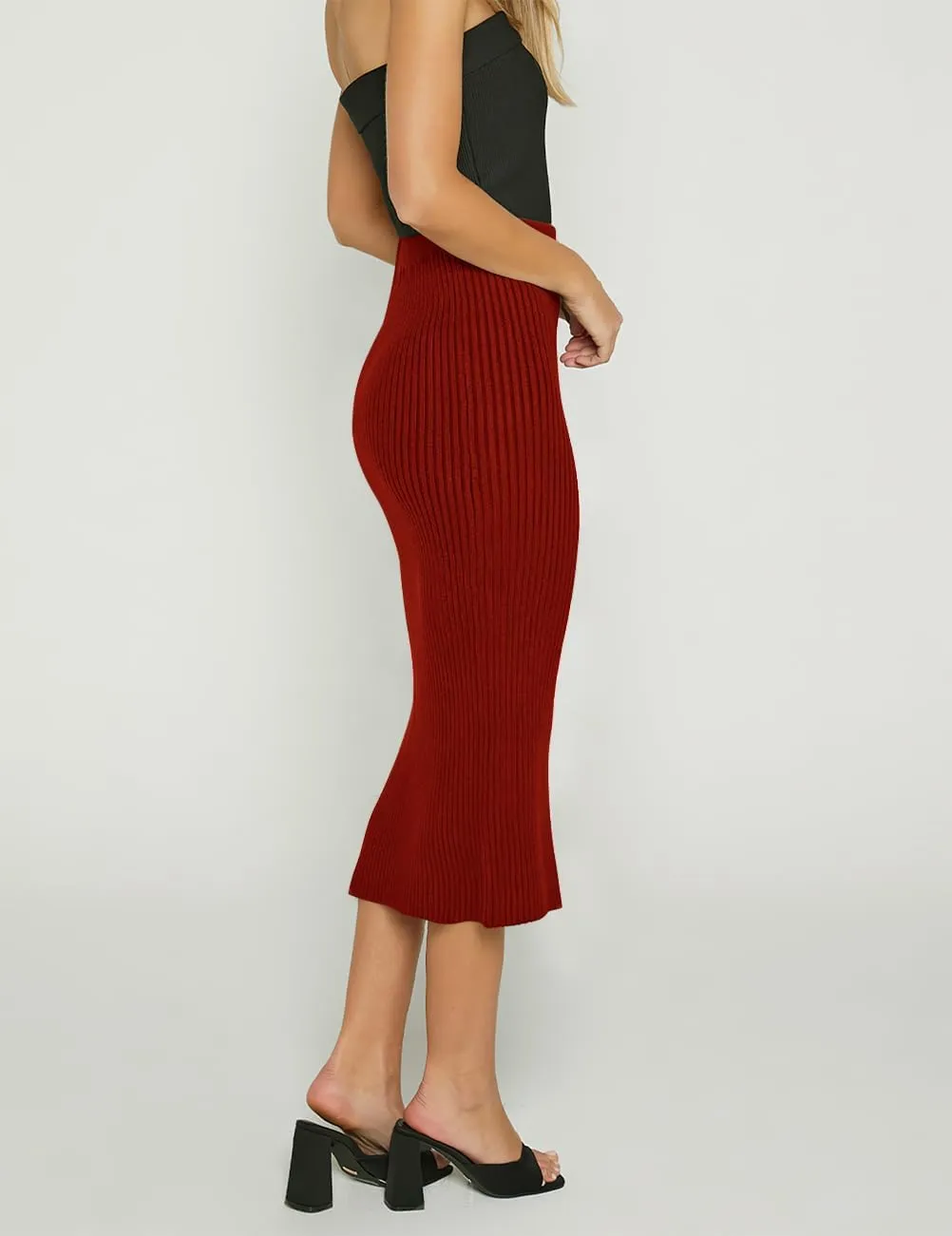 v28 Women Side Split Midi High Waisted Stretchy Ribbed Bodycon Casual Knit Pencil Skirt