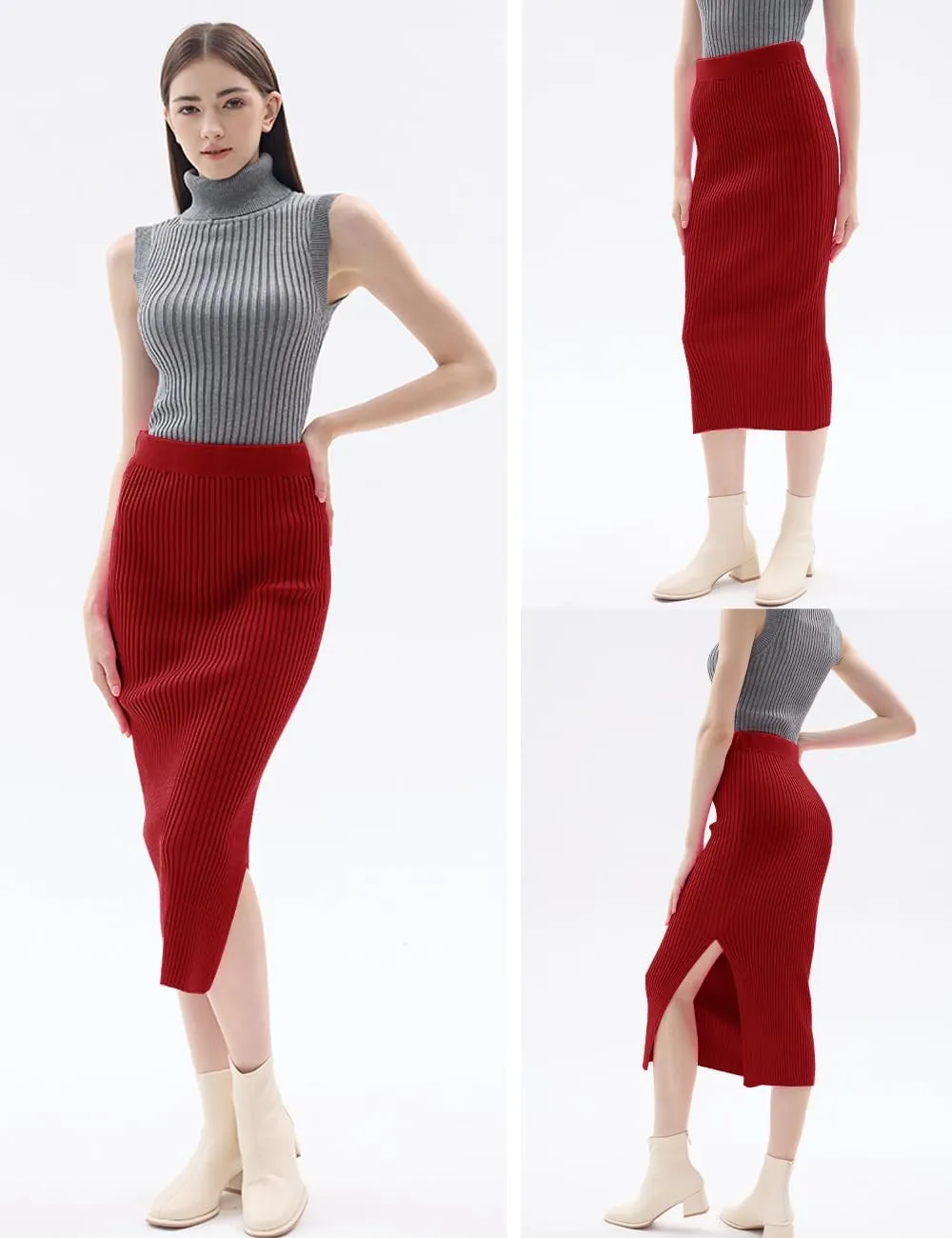 v28 Women Side Split Midi High Waisted Stretchy Ribbed Bodycon Casual Knit Pencil Skirt