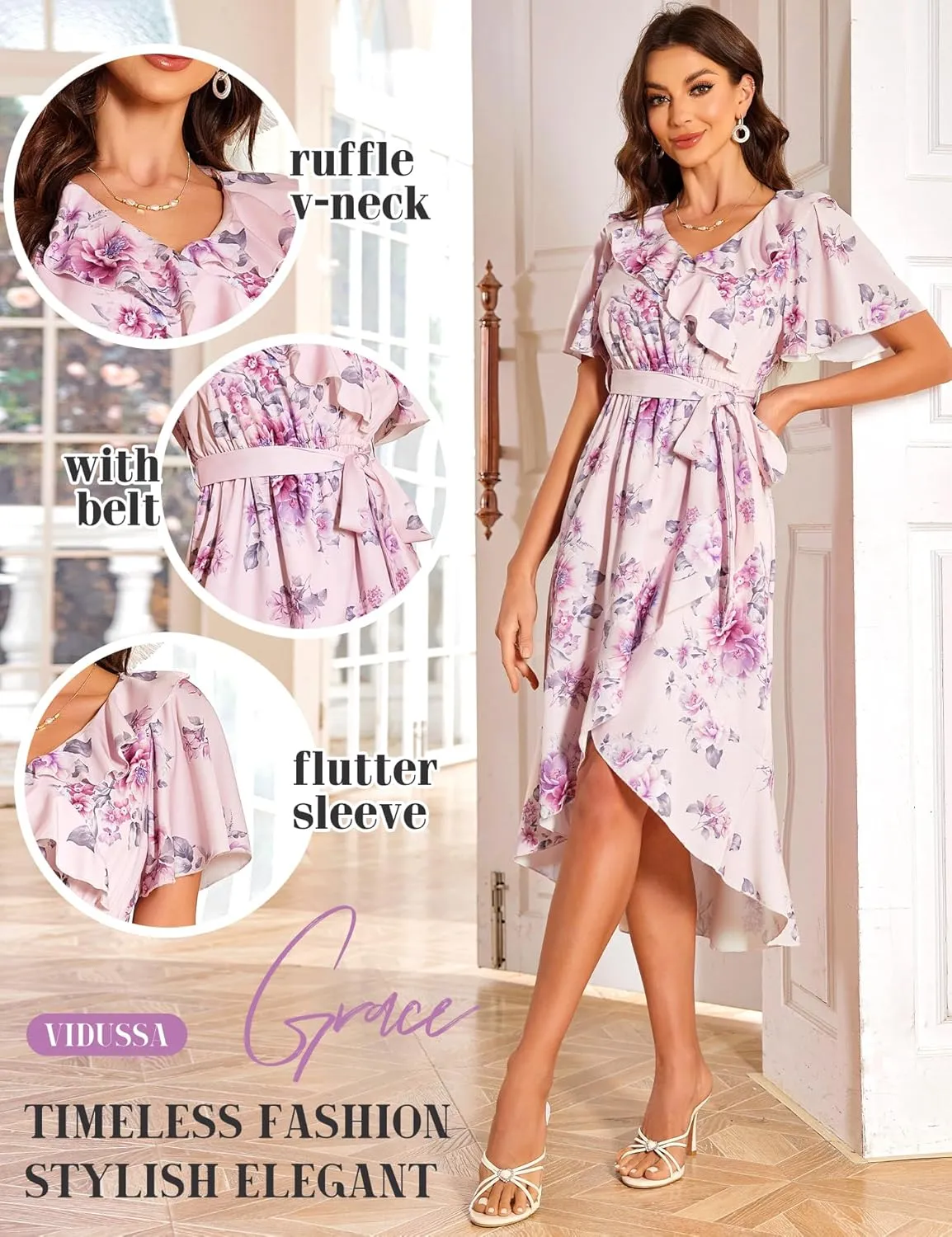 VIDUSSA Summer Floral Dress for Women - Boho V Neck Flutter Short Sleeve Belted Ruffle A-Line Flowy Midi Long Sun Dresses