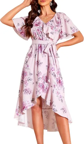 VIDUSSA Summer Floral Dress for Women - Boho V Neck Flutter Short Sleeve Belted Ruffle A-Line Flowy Midi Long Sun Dresses