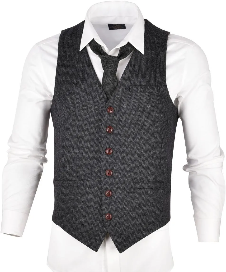 VOBOOM Men's Slim Fit Herringbone Tweed Suits Vest Premium Wool Blend Waistcoat
