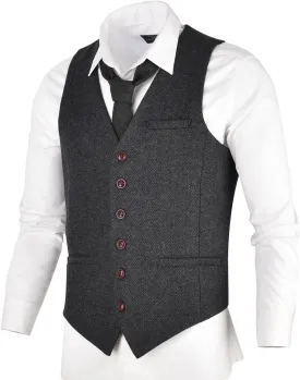 VOBOOM Men's Slim Fit Herringbone Tweed Suits Vest Premium Wool Blend Waistcoat