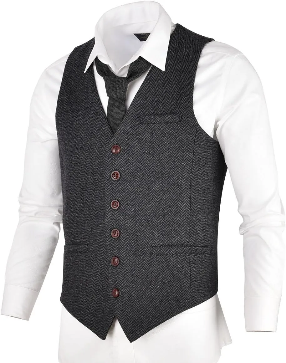 VOBOOM Men's Slim Fit Herringbone Tweed Suits Vest Premium Wool Blend Waistcoat