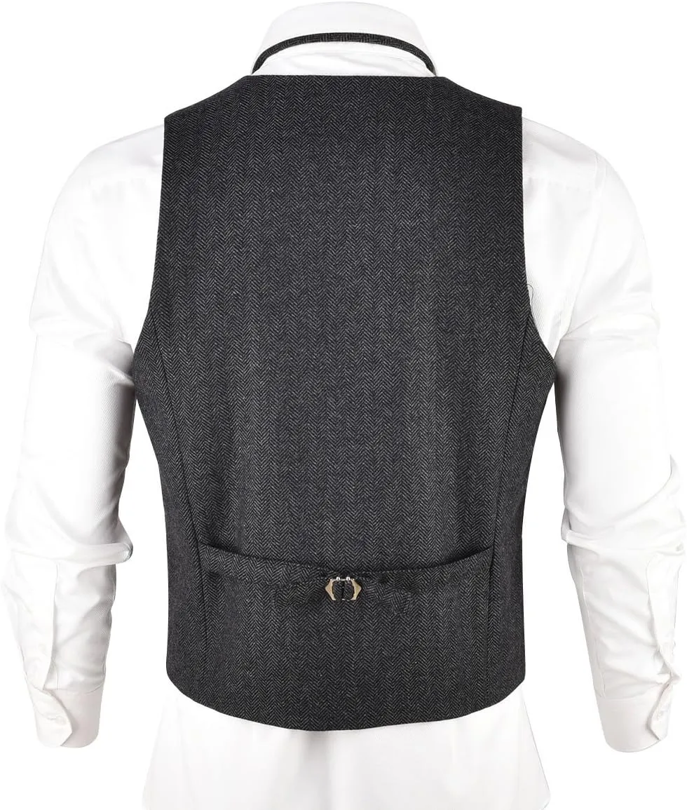 VOBOOM Men's Slim Fit Herringbone Tweed Suits Vest Premium Wool Blend Waistcoat