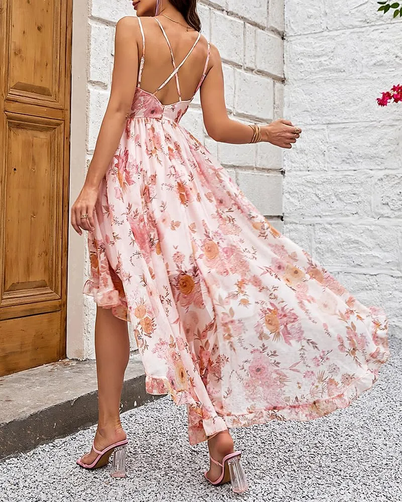 Women's Boho Floral Printed Frill Hem Ruffles Asymmetrical Sleeveless Maxi Dress Casual Beach Party Dress