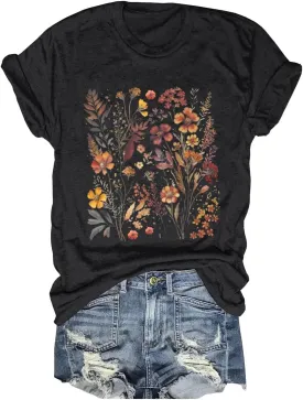 Women's Boho Flower T Shirt Vintage Flowers Printed Shirt Colorful Wildflower Graphic Tee Casual Botanical Short Sleeve