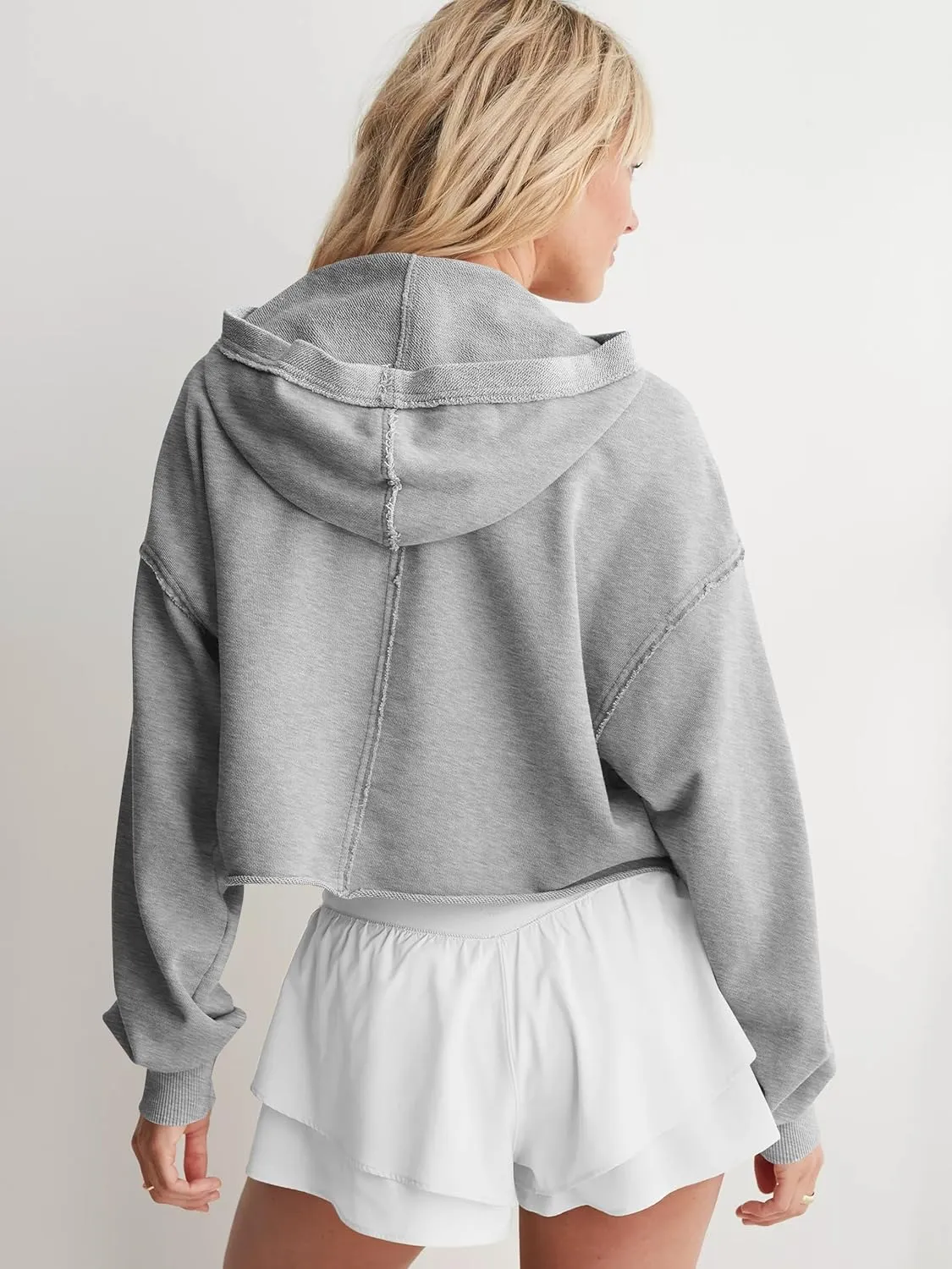 Women's Cropped Pullover Hoodie Long Sleeve Loose Fit Solid Color Y2K Fashion Sweatshirt for Winter and Fall