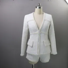 Women's Designer Inspired CUSTOM MADE Pearl White Jacket Coat Blazer Shorts/Skirts