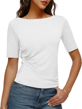 Women's Half Sleeve Boat Neck Shirts Ruched Side Slim Fit Basic Casual T Shirts Summer Casual Tee Tops