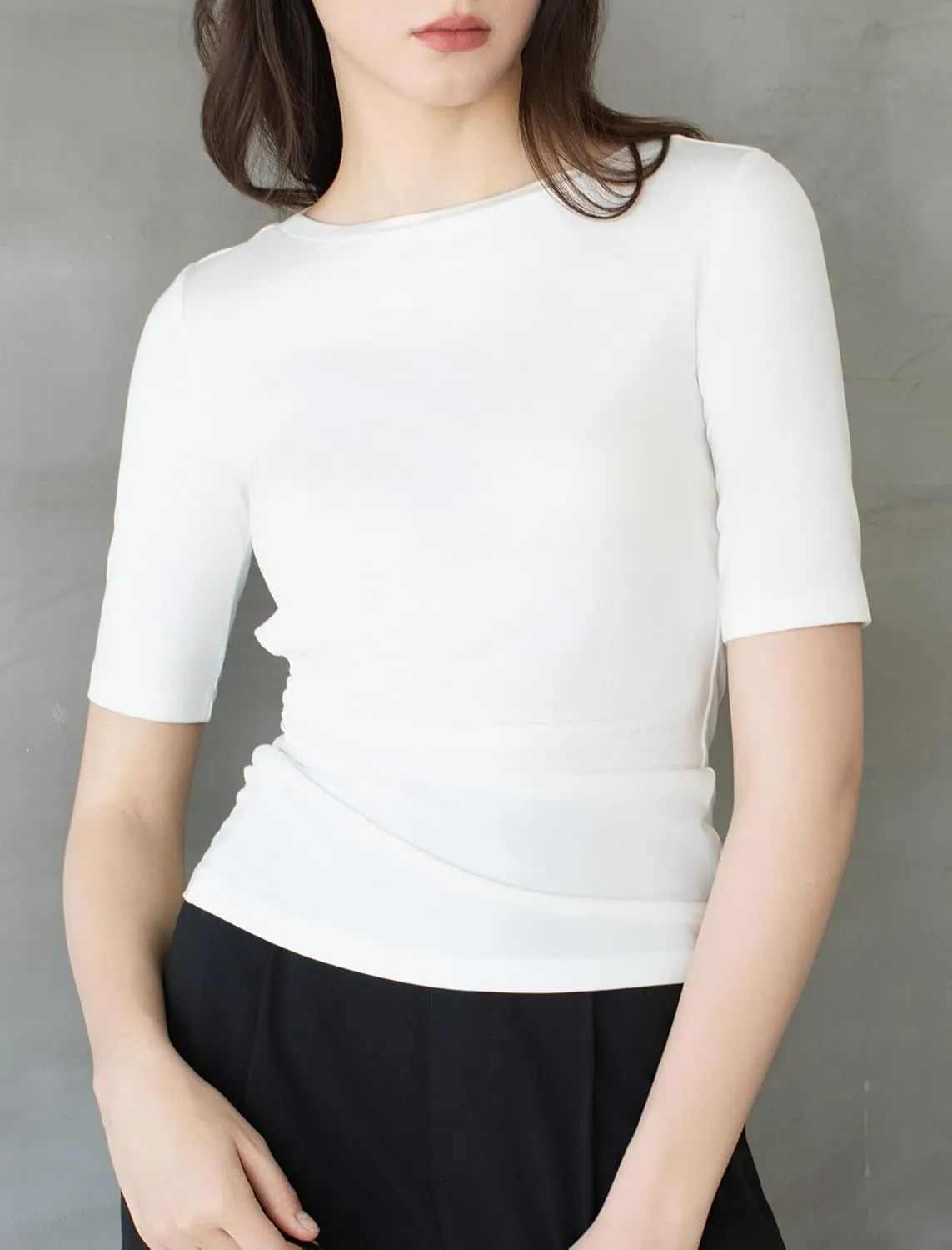 Women's Half Sleeve Boat Neck Shirts Ruched Side Slim Fit Basic Casual T Shirts Summer Casual Tee Tops