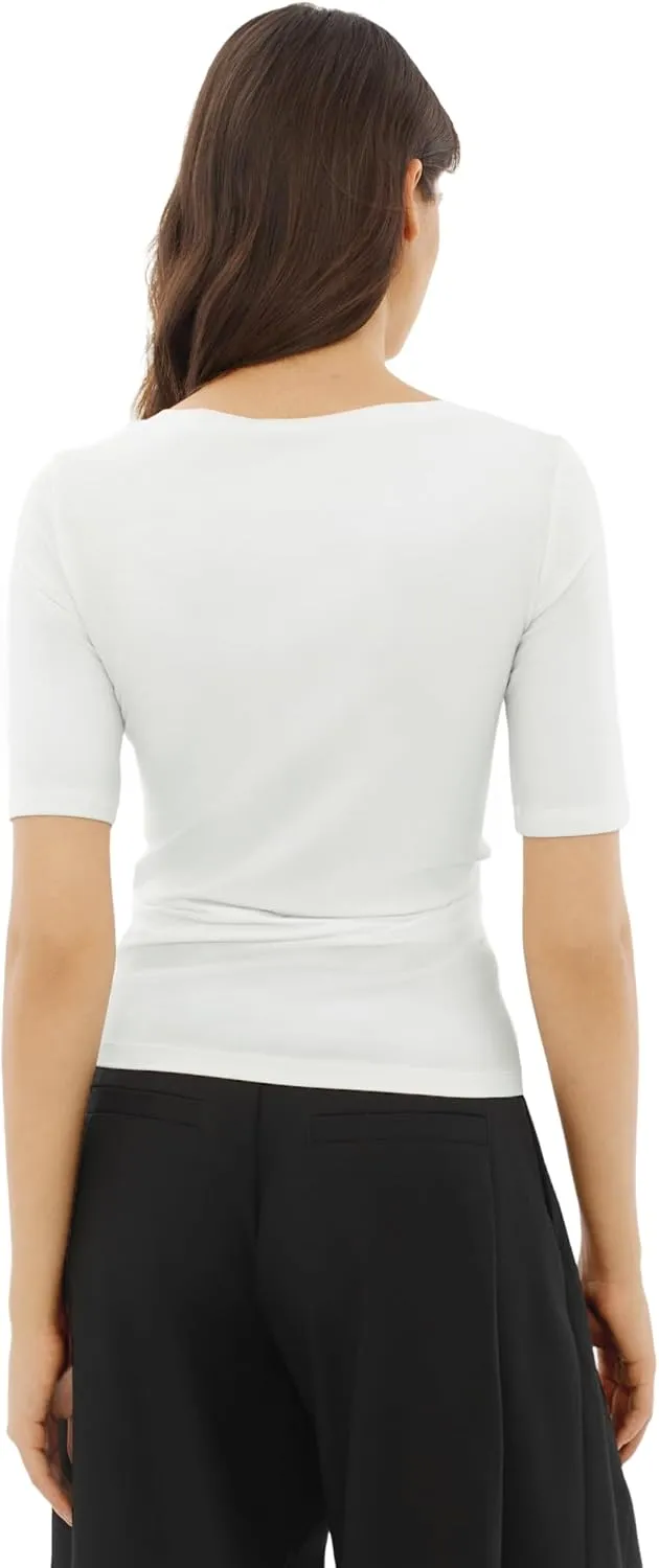 Women's Half Sleeve Boat Neck Shirts Ruched Side Slim Fit Basic Casual T Shirts Summer Casual Tee Tops
