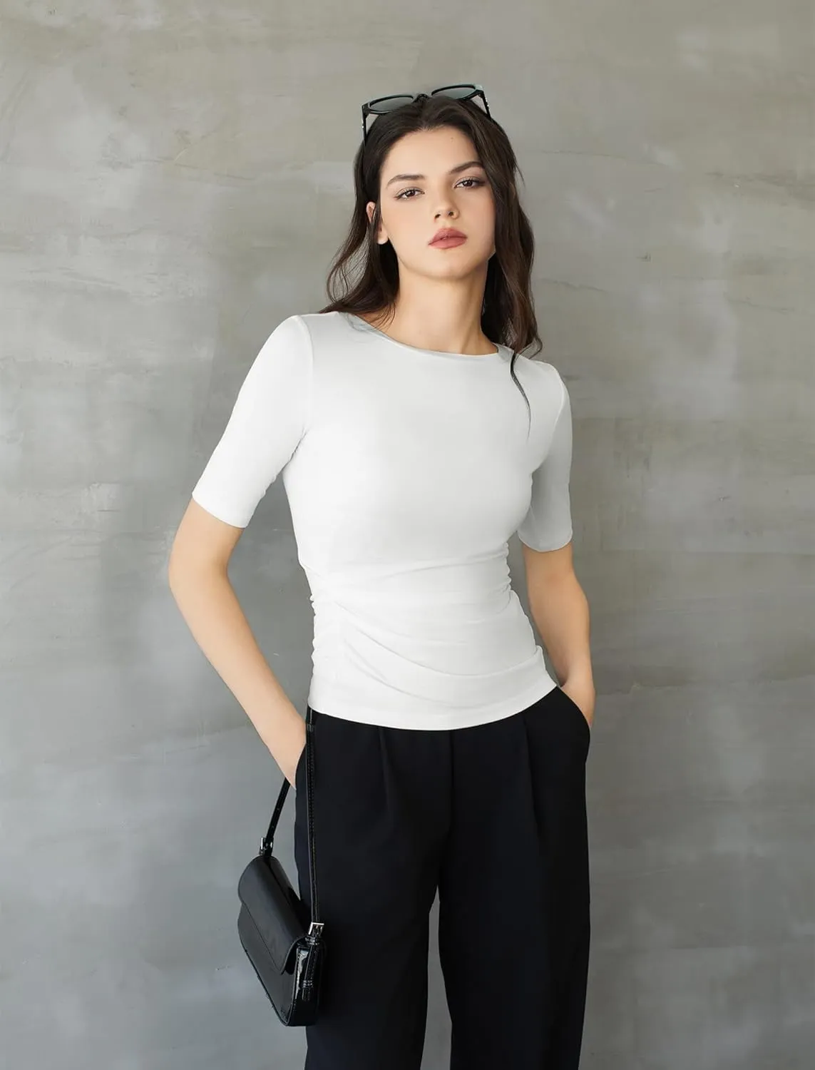 Women's Half Sleeve Boat Neck Shirts Ruched Side Slim Fit Basic Casual T Shirts Summer Casual Tee Tops