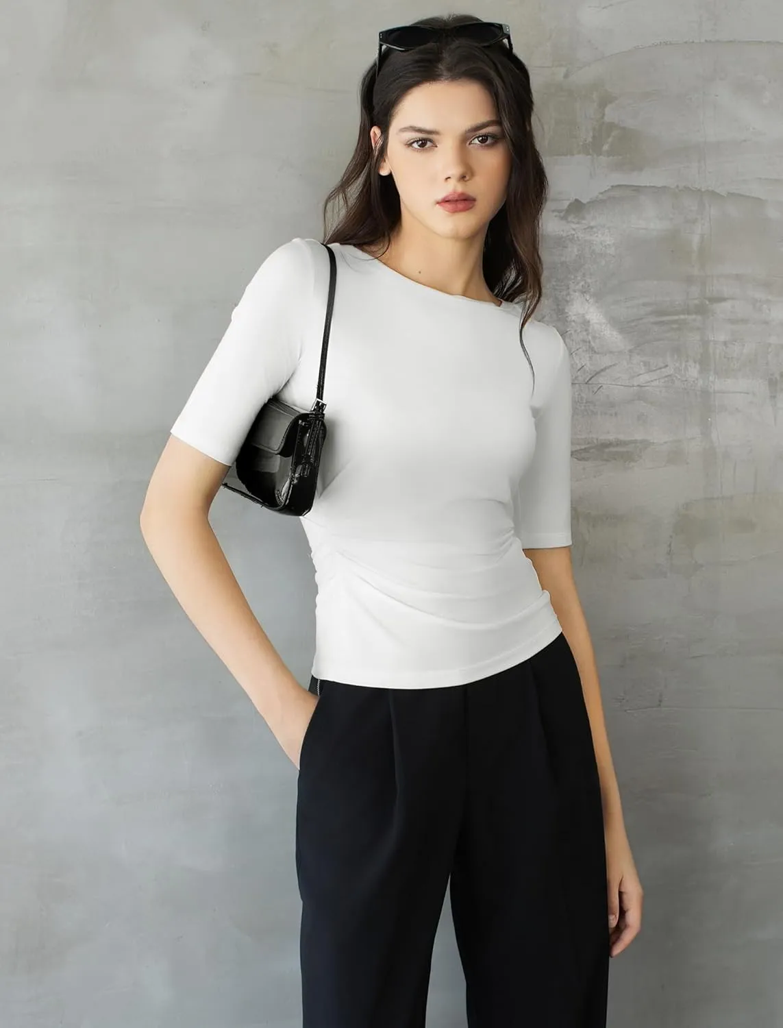 Women's Half Sleeve Boat Neck Shirts Ruched Side Slim Fit Basic Casual T Shirts Summer Casual Tee Tops