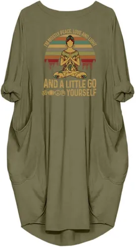 Womens I'm Mostly Peace Love and Light and A Little Go Print Long Sleeve Loose Pocket Oversize Tunic Dress