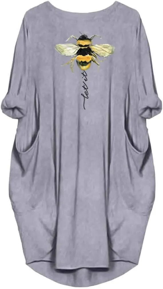 Womens I'm Mostly Peace Love and Light and A Little Go Print Long Sleeve Loose Pocket Oversize Tunic Dress