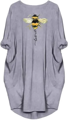Womens I'm Mostly Peace Love and Light and A Little Go Print Long Sleeve Loose Pocket Oversize Tunic Dress