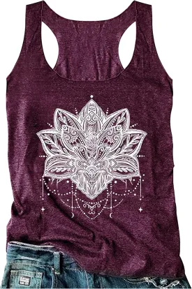 Womens Mandala Vintage Graphic Racerback Tank Tops Summer Casual Loose O-Neck Tanks Vest Vacation Classic-Fit Shirt Cami