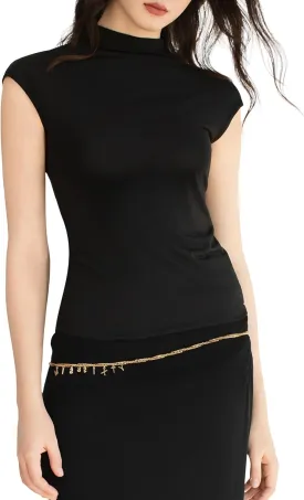 Women's Mock Turtle Neck Tank Tops Slim Fitted Cap Sleeve Stretchy Basic Casual Top Summer Outfits