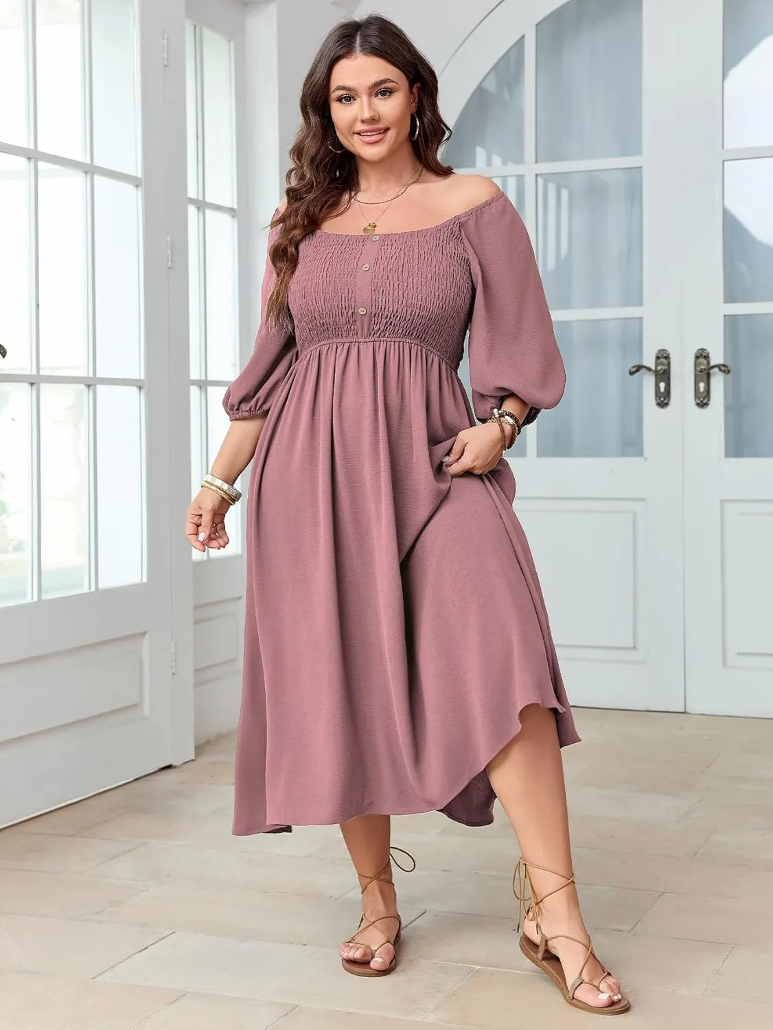 Women's Plus Size Casual Dresses Square Neck Button Up Smocked 3/4 Puff Sleeve Empire Wasit A-line Flowy Midi Dress