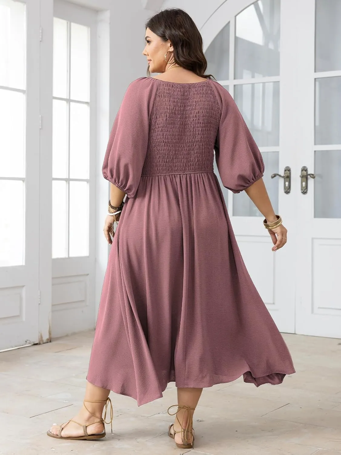 Women's Plus Size Casual Dresses Square Neck Button Up Smocked 3/4 Puff Sleeve Empire Wasit A-line Flowy Midi Dress