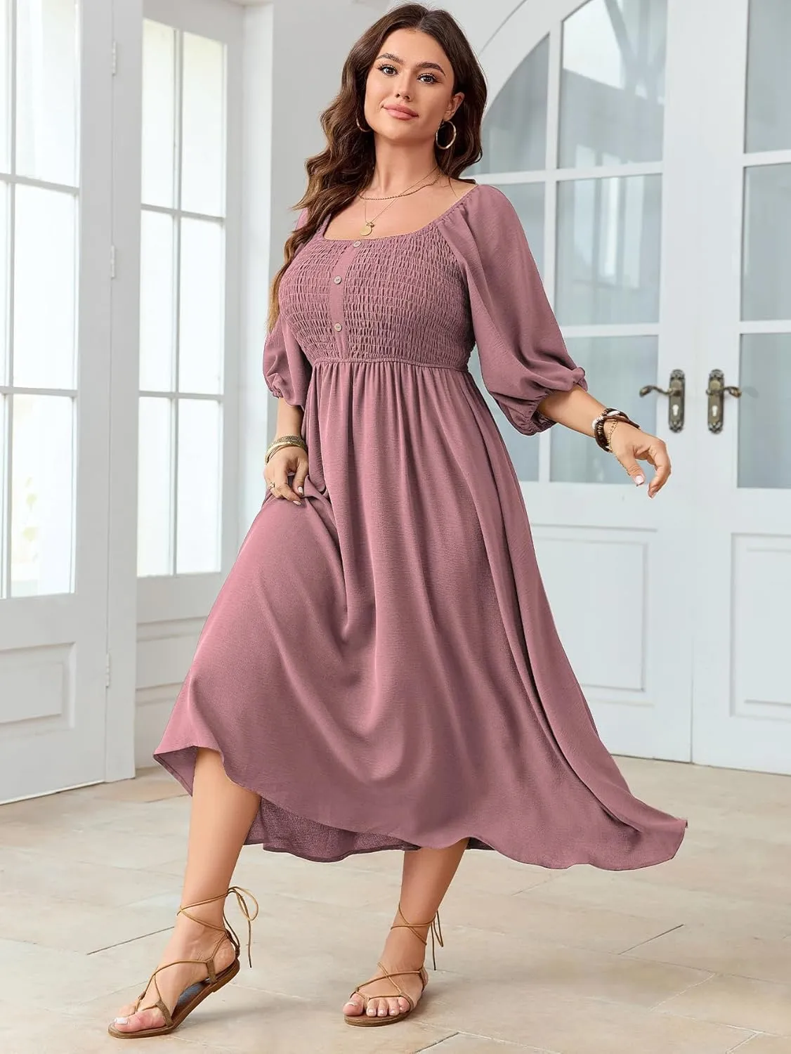 Women's Plus Size Casual Dresses Square Neck Button Up Smocked 3/4 Puff Sleeve Empire Wasit A-line Flowy Midi Dress