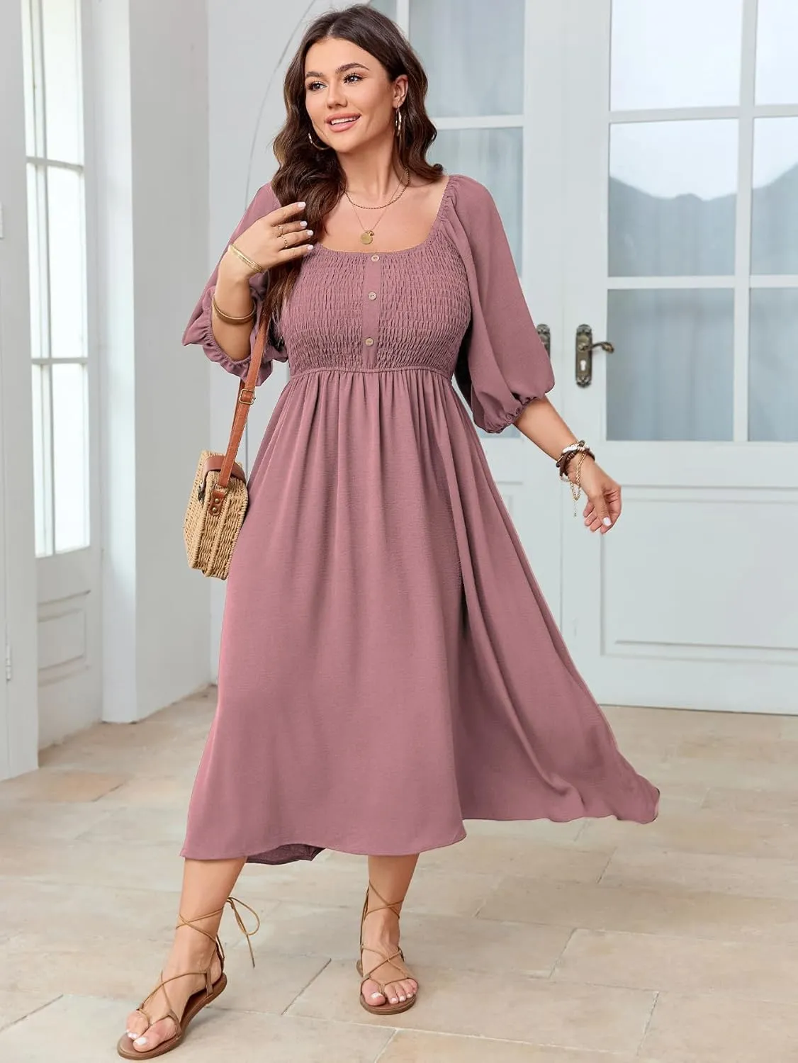 Women's Plus Size Casual Dresses Square Neck Button Up Smocked 3/4 Puff Sleeve Empire Wasit A-line Flowy Midi Dress