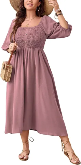 Women's Plus Size Casual Dresses Square Neck Button Up Smocked 3/4 Puff Sleeve Empire Wasit A-line Flowy Midi Dress
