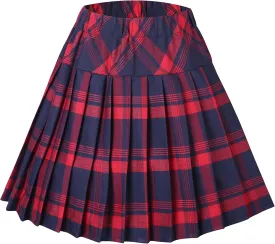 Women's Stretchy High Waist Tartan Pleated Mini Skirt Plaid Skater Skirts for Women and School Costume