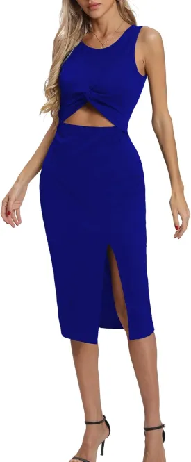 Women's Summer Dress with Slit Sleeveless Crew Neck Cutout Twist Front Crisscorss Ribbed Knit Bodycon Midi Casual Dresses