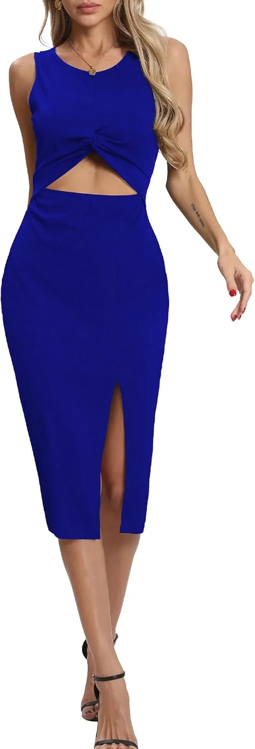 Women's Summer Dress with Slit Sleeveless Crew Neck Cutout Twist Front Crisscorss Ribbed Knit Bodycon Midi Casual Dresses