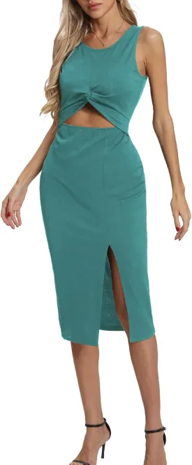Women's Summer Dress with Slit Sleeveless Crew Neck Cutout Twist Front Crisscorss Ribbed Knit Bodycon Midi Casual Dresses