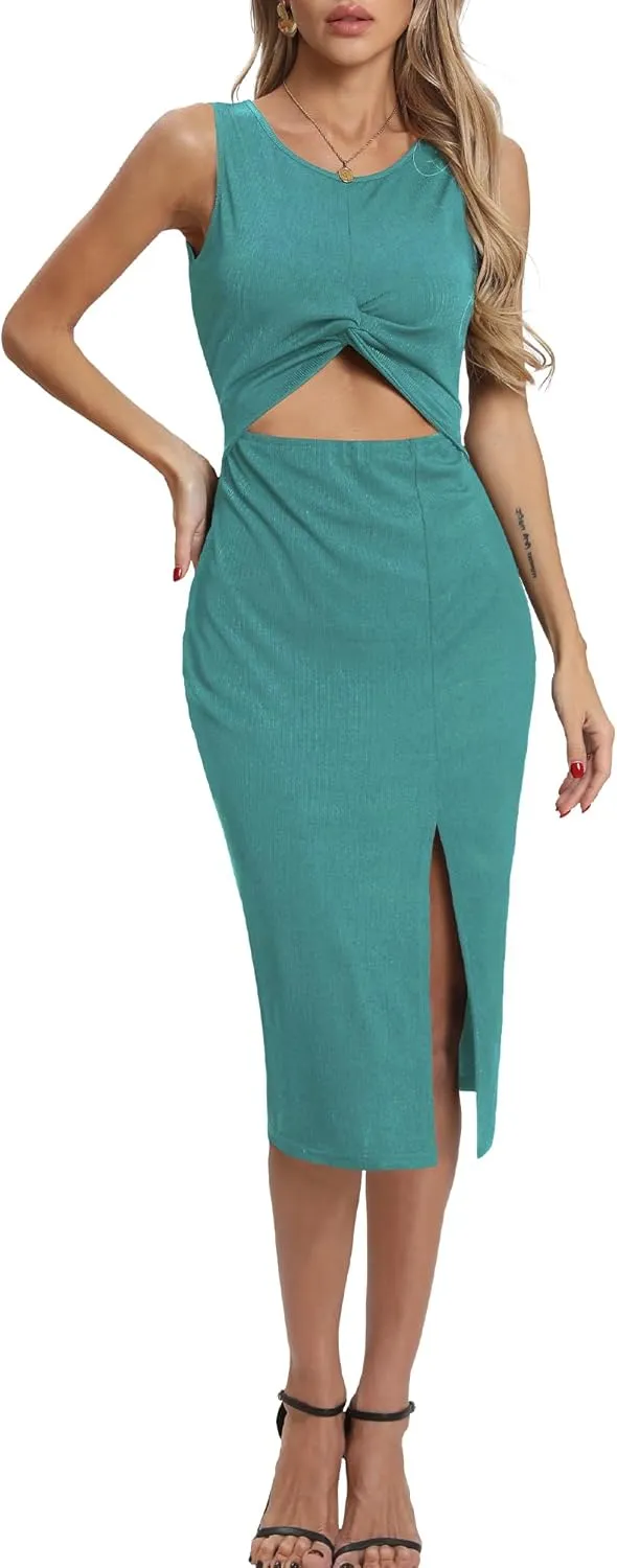 Women's Summer Dress with Slit Sleeveless Crew Neck Cutout Twist Front Crisscorss Ribbed Knit Bodycon Midi Casual Dresses