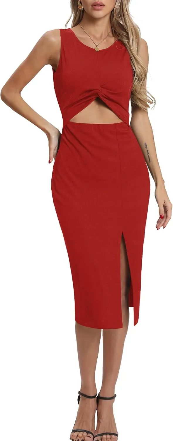 Women's Summer Dress with Slit Sleeveless Crew Neck Cutout Twist Front Crisscorss Ribbed Knit Bodycon Midi Casual Dresses