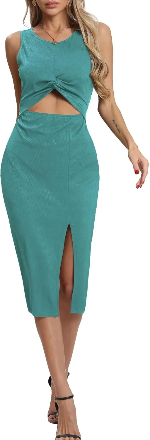 Women's Summer Dress with Slit Sleeveless Crew Neck Cutout Twist Front Crisscorss Ribbed Knit Bodycon Midi Casual Dresses
