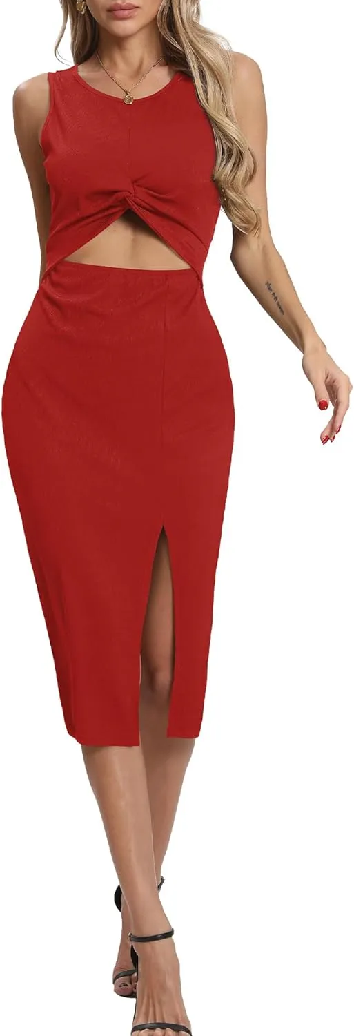 Women's Summer Dress with Slit Sleeveless Crew Neck Cutout Twist Front Crisscorss Ribbed Knit Bodycon Midi Casual Dresses
