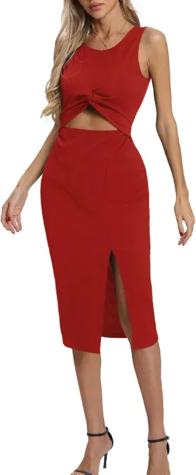 Women's Summer Dress with Slit Sleeveless Crew Neck Cutout Twist Front Crisscorss Ribbed Knit Bodycon Midi Casual Dresses